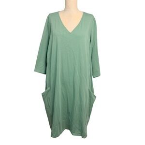 Eileen Fisher Woman 1X Sage Green Organic Cotton V-Neck 3/4 Sleeve Pocket Dress